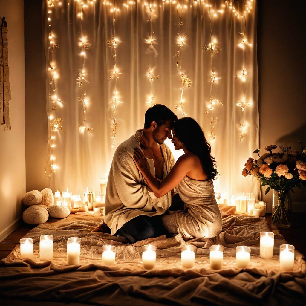 A serene and intimate setting with a couple sharing a warm embrace under soft, glowing lights, surrounded by gentle flowers and candles. The atmosphere radiates love and tenderness, with subtle elements like handwritten love notes and a cozy blanket nearby adding to the intimate vibe. Capture the authenticity of their emotions in their faces. soft-focus. warm tones. romantic lighting.