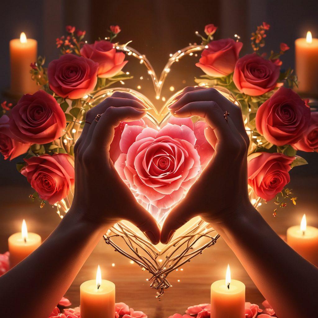 A glowing heart symbol at the center, surrounded by entwined hands holding delicate roses, with soft candlelight and twinkling stars in the background. The colors should evoke warmth and intimacy, with shades of red, pink, and gold. This scene represents deep emotional connection and romance, inviting viewers to explore heartfelt ideas. super-realistic. vibrant colors. soft focus.