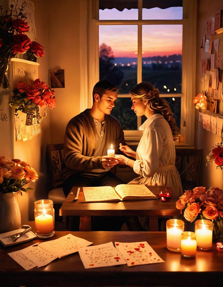 A cozy scene featuring a couple sitting together by a candle-lit table, surrounded by hearts and handwritten love letters. Soft lighting enhances the romantic atmosphere, while delicate flowers and a warm sunset provide a backdrop. Incorporate elements of creativity like art supplies and a journal to suggest crafting love stories. super-realistic. warm colors. soft focus.